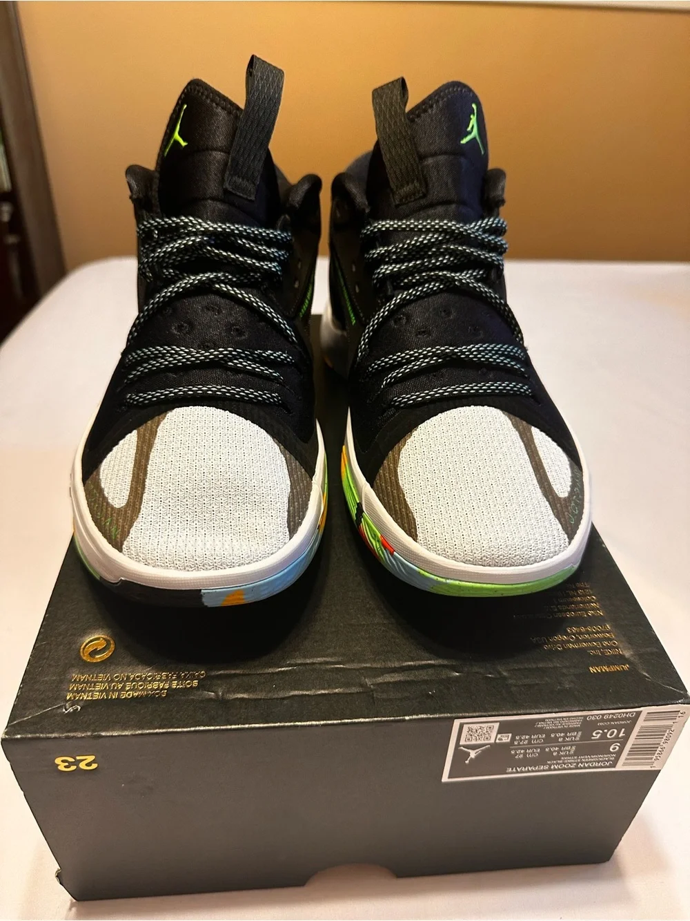 Jordan Men's Black Sneakers with White Toe and Rainbow Midsole Accent Box No Lid
